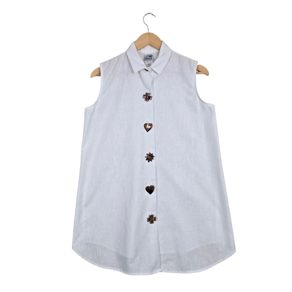 Vintage 90s Randi California Top M White Sleeveless Tunic Novelty Buttons Artsy